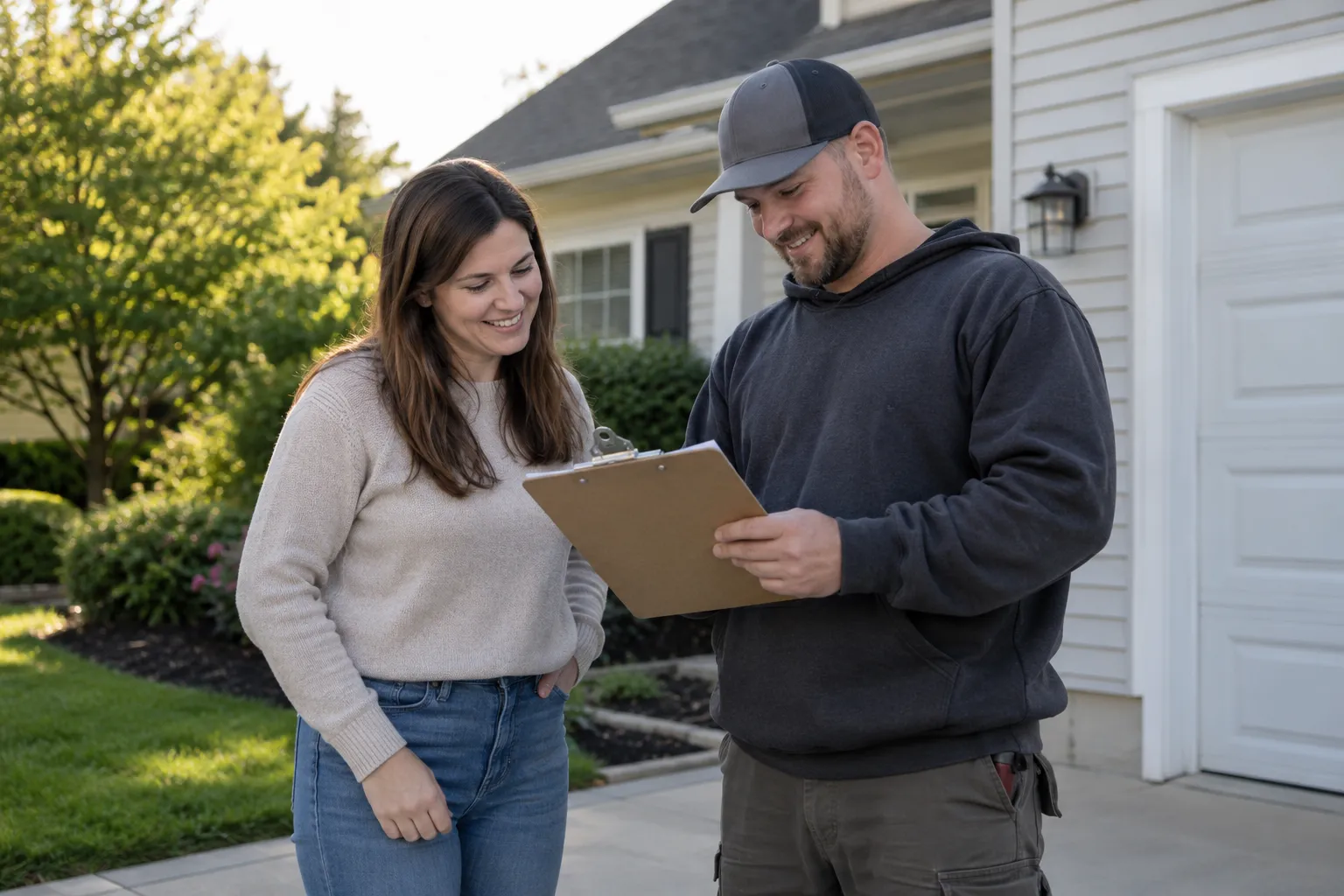 A homeowner talking with a roofing provider in front of a house in the Friendswood area