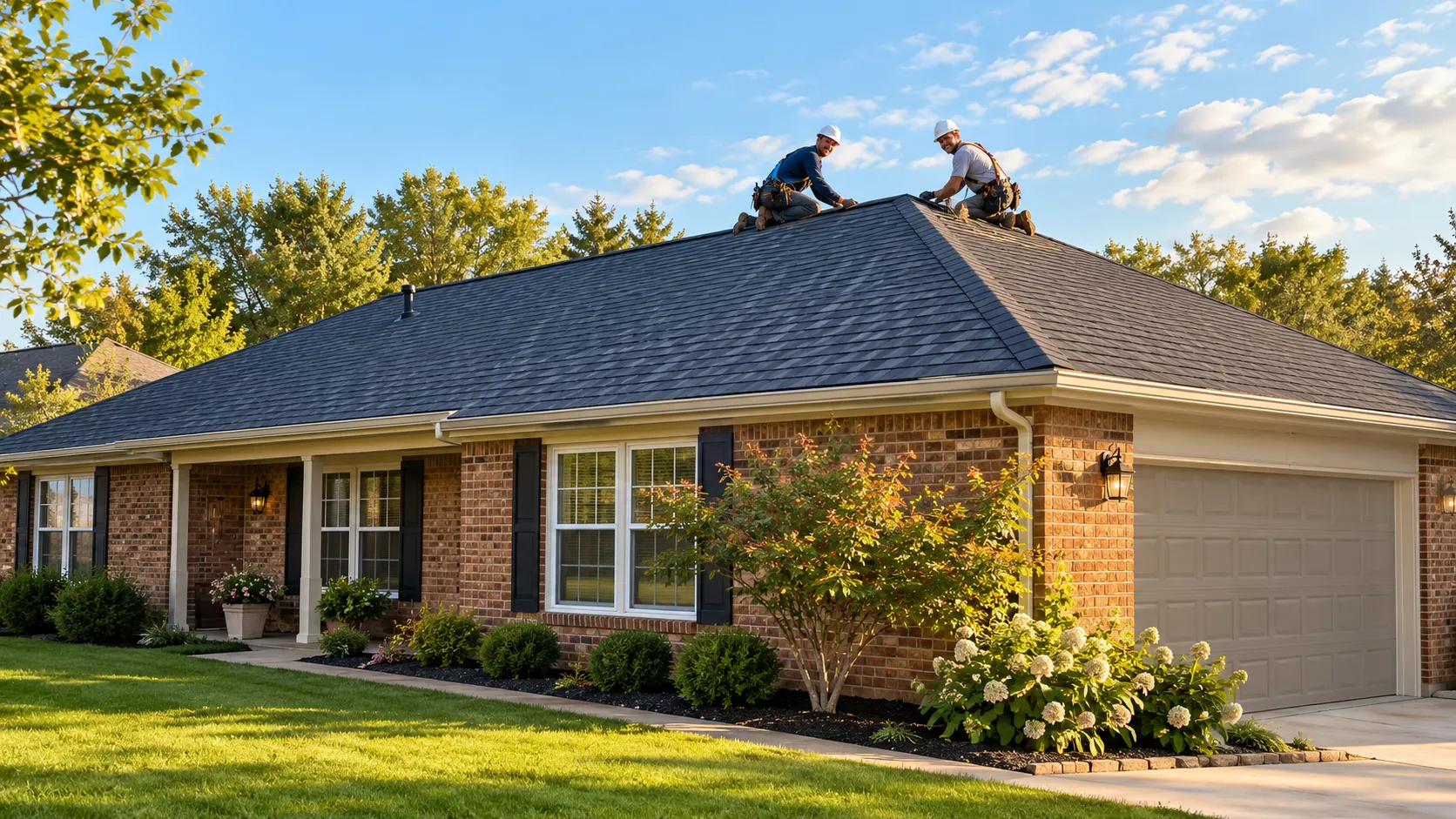 A single-story brick ranch home in Friendswood with a freshly installed shingle roof under a clear sky