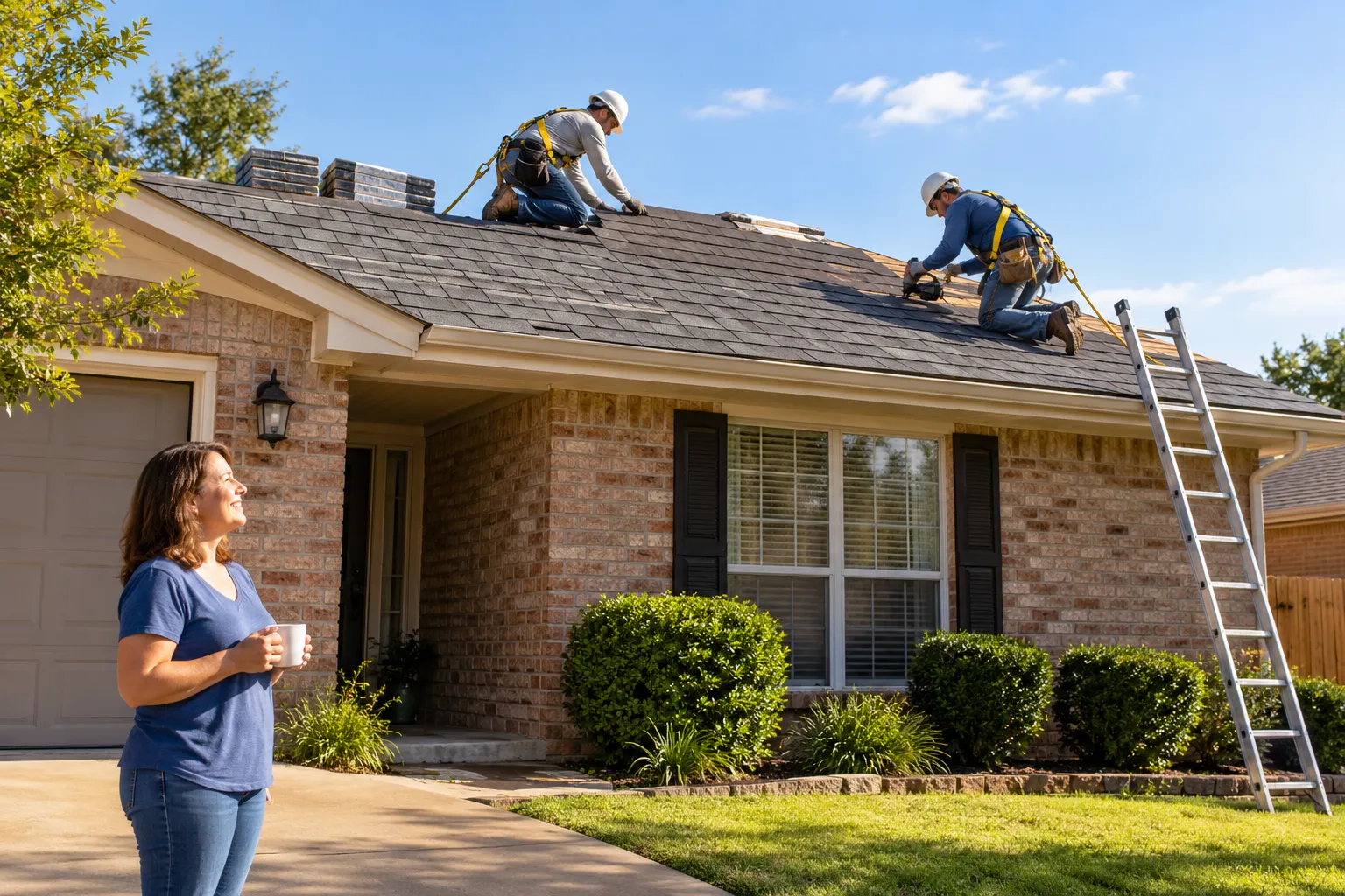 A local roofing crew installing new shingles on a brick ranch home in Friendswood